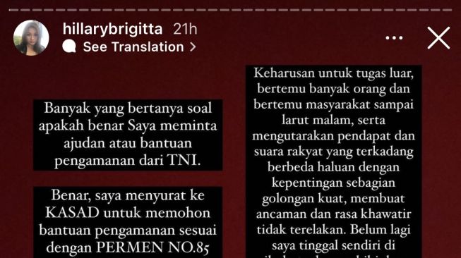 Tangkapan layar postingan anggota DPR Hillary Brigitta Lasut minta ajudan pribadi ke KSAD TNI Jenderal Dudung Abdurachman. (/Dok. Hillary Brigitta Lasut)