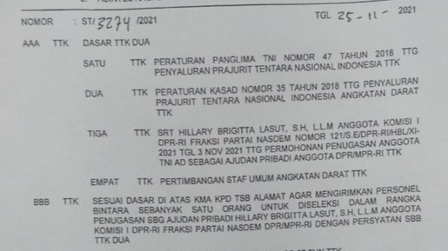 Anggota DPR muda Hillary Brigitta Lasut ajukan surat ke KSAD Dudung Abdurachman minta ajudan dari TNI. (Tangkapan layar/Dok. Hillary Brigitta Lasut)