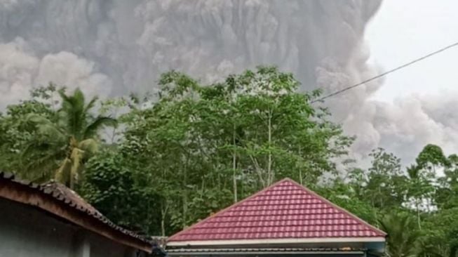 vitas Gunung Semeru dari kawasan Pronojiwo, Kabupaten Lumajang, Sabtu (4/12/2021). (ANTARA/HO-Medsos)