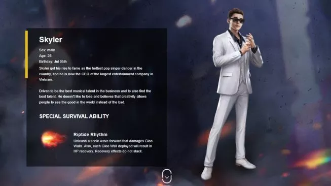 Karakter Skyler Free Fire dengan skill Riptide Rhythm pemecah gloo wall musuh dengan cepat