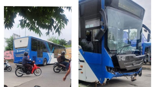 Bus TransJakarta kembali alami kecelakaan di dekat halte terakhir Puribeta 2, Ciledug, Tangerang Kota, Banten, Senin (6/12/2021). [Ist]