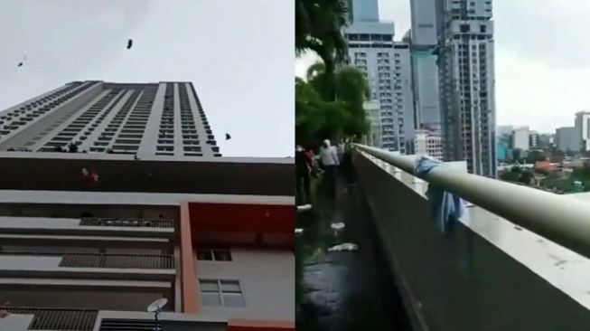 Tangkapan layar foto kolase video viral baju dilempar dari lantai atas Apartemen Thamrin Residence, Tanah Abang, Jakarta Pusat, Minggu (5/12/2021). [Instagram@lensa_berita_jakarta]