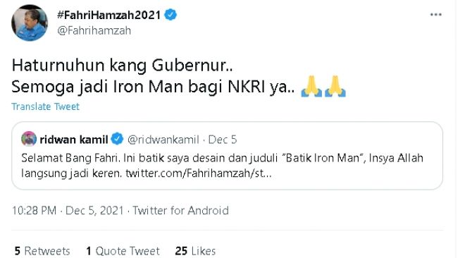 Cuitan Fahri Hamzah dan Ridwan Kamil (Twitter)