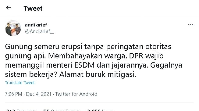 Cuitan Andi Arief soal erupsi Semeru (twitter)