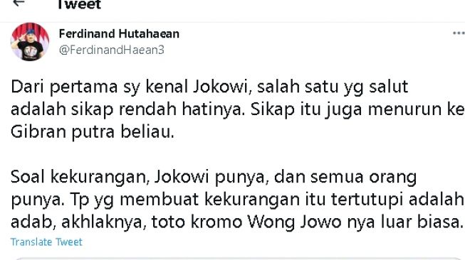 Cuitan Ferdinand Hutahaean soal Gibran dan Jokowi (Twitter)