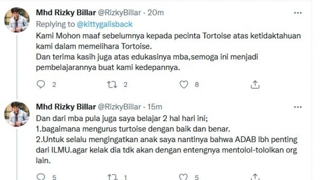 Le tweet de Rizky Billar s'excusant pour la tortue.