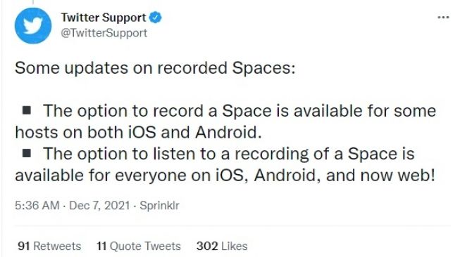 Fitur baru Spaces, rekaman bisa didengarkan di perangkat iOS, Android, hingga browser. [Twitter]