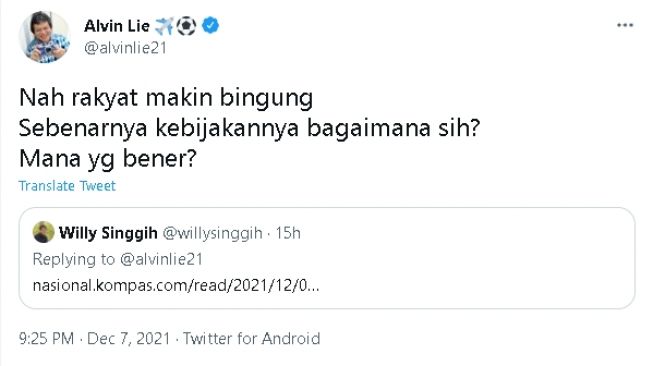 Cuitan Alvin Lie soal PPKM Level 3 yang dibatalkan (twitter)