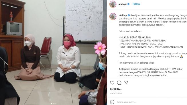 Istri Ridwan Kamil, Atalia Pararatya saat kunjungi santriwati korban pemerkosaan (instagram)