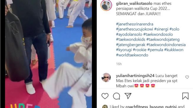 Jan Ethes mulai latihan taekwondo lagi. Ia pun membuat gemes warganet. [Instagram/@gibran_walikotasolo]