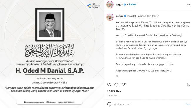 Ucapan dukacita AA Gym untuk almarhum Oded M Danial (Instagram)