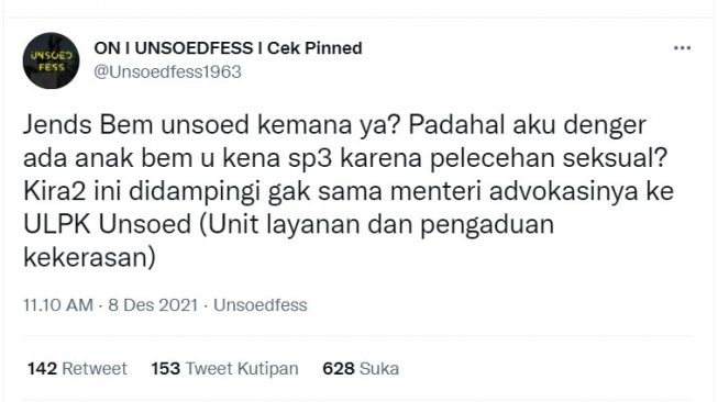 Cuitan akun twitter menyebut pelecehan seksual terjadi dilingkungan Bem Unsoed. [Twitter]