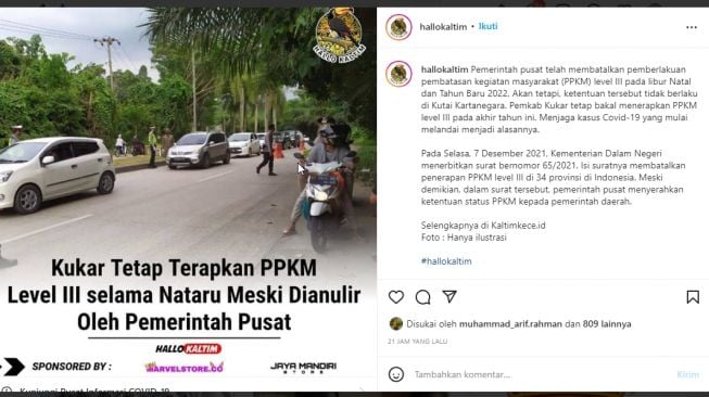 PPKM Level 3 Batal? Tidak untuk Kukar Loh, Tetap Berlaku Pas Nataru