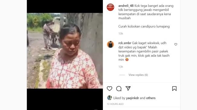 Emak emak yang menjadi korban penjarahan saat ditinggal mengungsi erupsi gunung semeru. [Instagram]