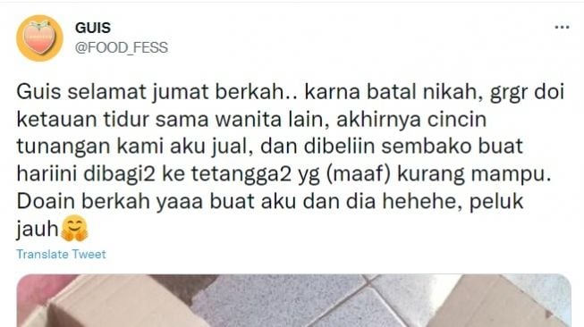 Viral Wanita Batal Nikah Gegara Calon Selingkuh, Cincin Dijual untuk Bagi-Bagi Sembako (Twitter/@FOOD_FESS)