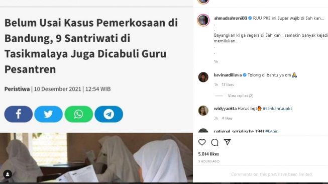 Unggahan Ahmad Sahroni tentang RUU PKS (Instagram)