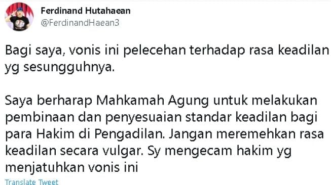 Cuitan Ferdinand Hutahaean soal vonis Rachel Vennya (twitter)