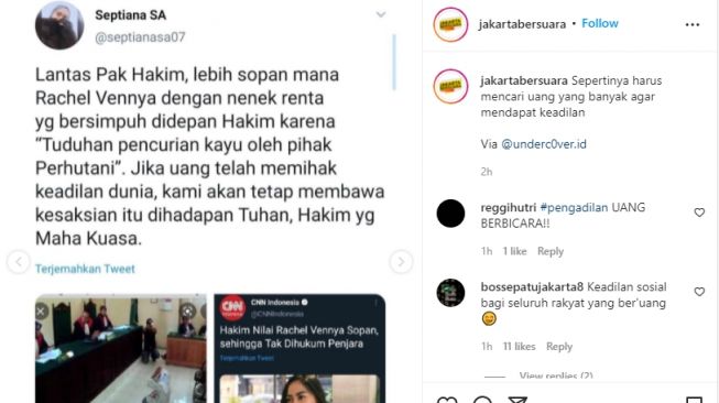 Nenek Asyani diketahui dipenjara selama 1 tahun atas tuduhan pencurian kayu. (Instagram)