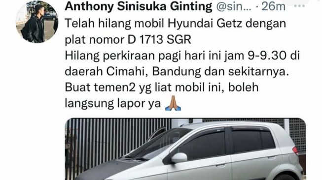 Anthony Sinisuka Ginting kehilangan mobil Hyundai Getz. [Tangkapan Layar]