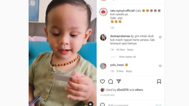 Reaksi Gala Sky saat dilihatkan foto ayahnya Bibi Ardiansyah. [Instagram]