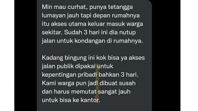 Tetangga Blokir Jalan Utama untuk Hajatan 3 Hari, Warga Dibuat Susah Harus Memutar Jauh (Twitter/@SeputarTetangga)