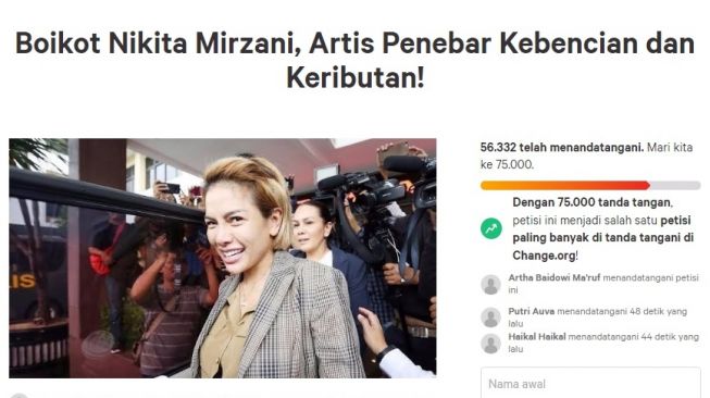 Unggahan soal Nikita Mirzani [change.org]