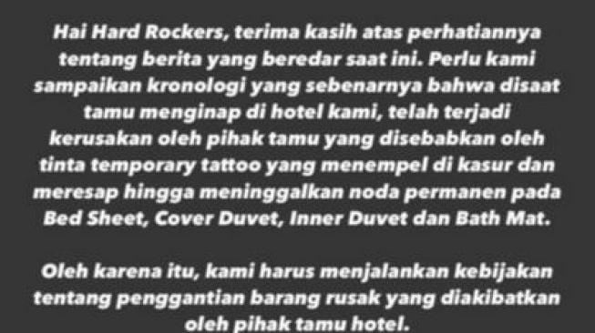 Klarifikasi Hardrock Bali soal pria yang didenda Rp 5 Juta karena sprei kotor. [Foto : Instagram/ hardrockbali]