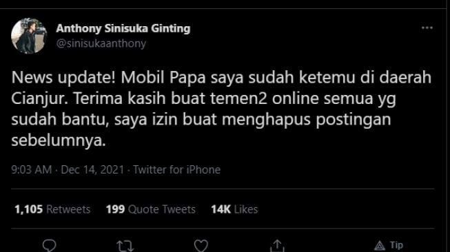 Mobil Anthony Ginting yang digongol maling akhirnya sudah ditemukan (Twitter)