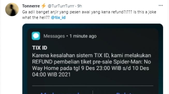 Warganet protes Tix ID dadakan refund tiket Spider-Man: No Way Home H-1 (Twitter/TurTurrTurrr)