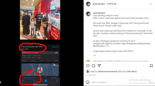 Adam Deni beberkan foto Ahmad Dhani dan Mulan Jameela ada di mal saat masa karantina [Instagram/@adamdenigrk]