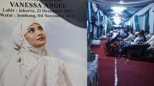 Suasana pengajian 40 hari meninggalnya Vanessa Angel dan Bibi Ardiansyah di kediaman Vanessa Angel, Kemayoran, Jakarta Pusat, Selasa (14/12/2021). [Suara.com/Alfian Winanto]