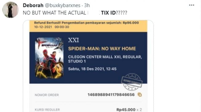 Warganet protes Tix ID dadakan refund tiket Spider-Man: No Way Home H-1 (Twitter/buxkybarxnes)