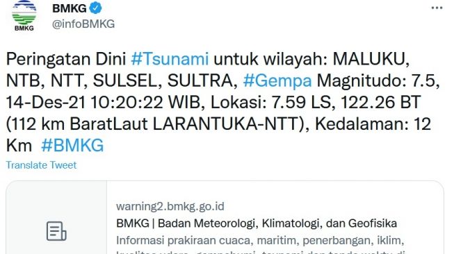 Peringatan dini tsunami BMKG. [Twitter]