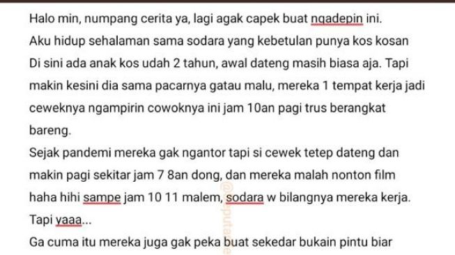 Curhatan seorang wanita perkara kelakuan anak kos menjadi perbincangan hangat di media sosial. (Twitter/SeputarTetangga)