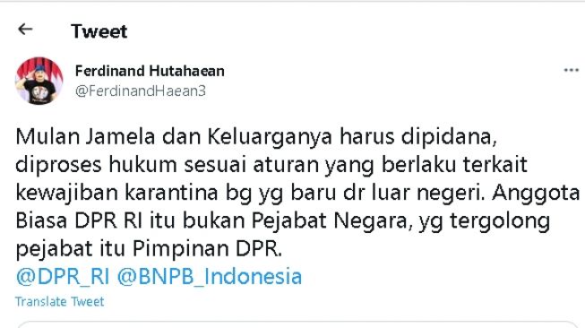 Cuitan Ferdinand Hutahaean soal Mulan Jameela (Twitter)