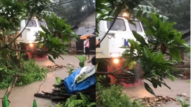 Viral kereta api terhenti akibat banjir di Jember. [Instagram/@infojember]