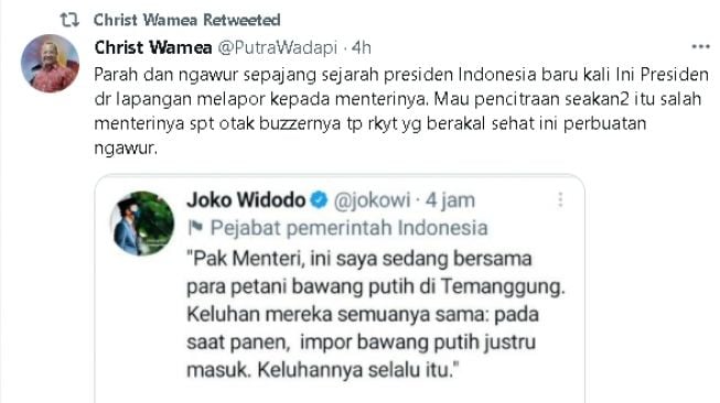 Cuitan Christ Wamea kritik Presiden Jokowi (Twitter)