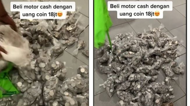 Uang koin Rp 500 dan Rp 1000 dipakai buat beli Honda BeAT (TikTok)