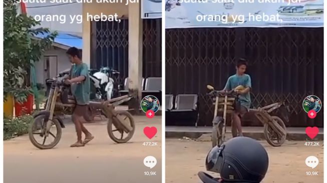 Seorang pria yang mengendarai motor kayu mendadak viral di media sosial. (TikTok/ramdantoke)