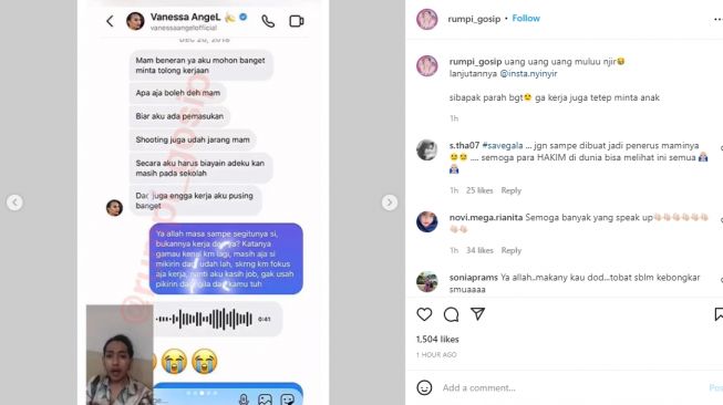 Dugaan pesan Vanessa Angel berisi permintaan pinjam uang [Instagram/@rumpi_gosip]