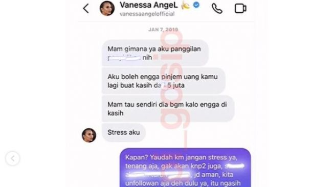 Dugaan pesan Vanessa Angel berisi permintaan pinjam uang [Instagram/@rumpi_gosip]