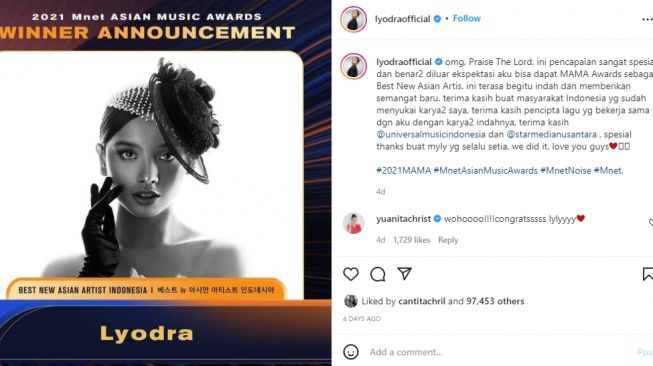 Lyodra Ginting raih penghargaan di MAMA 2021 [Instagram/@lyodraofficial]
