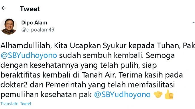 Cuitan Dipo Alam mengabarkan kondisi kesehatan terkini SBY (twitter)