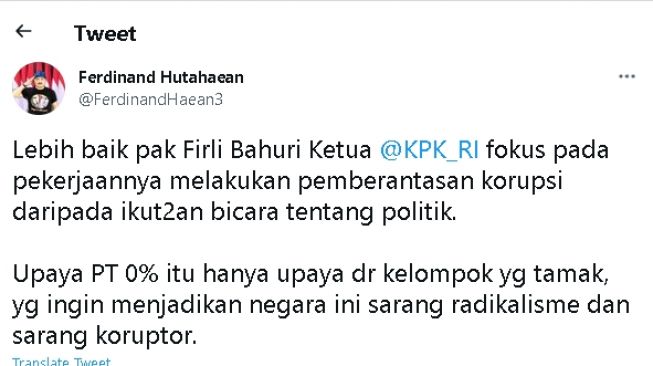 Cuitan Ferdiand Hutahaean peringatkan Firli Bahuri (twitter)