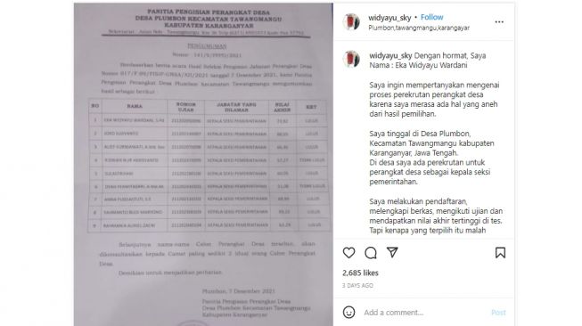 Curhat waita soal proses seleksi perangkat desa (instagram)