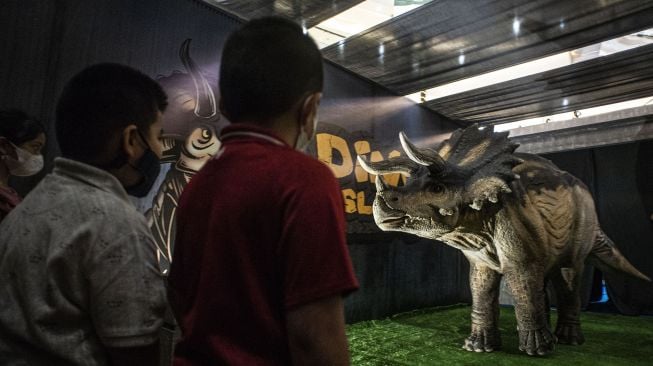 Pengunjung menyaksikan replika hewan prasejarah dalam wahana Dino Factory by Dino Island di Mal Kota Kasablanka, Jakarta, Jumat (17/12/2021).  ANTARA FOTO/Aprillio Akbar