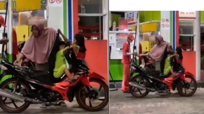 Aksi anak dari emak-emak berjilbab di atas motor saat isi bensin jadi sorotan (Instagram)