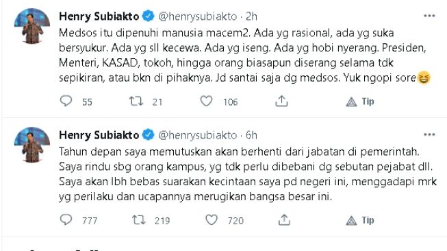 Cuitan Prof. Henry Subiakto (Twitter)