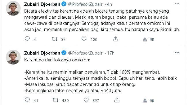 Cuitan Profesor Zubairi Djoerban soal karantina dan varian omicron (twitter)