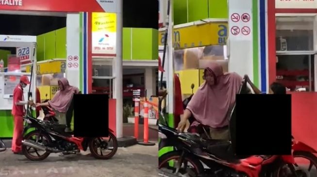 Emak-emak Isi Bensin Motor di SPBU, Posisi 'Mager' Anaknya Bikin Publik Salah Fokus